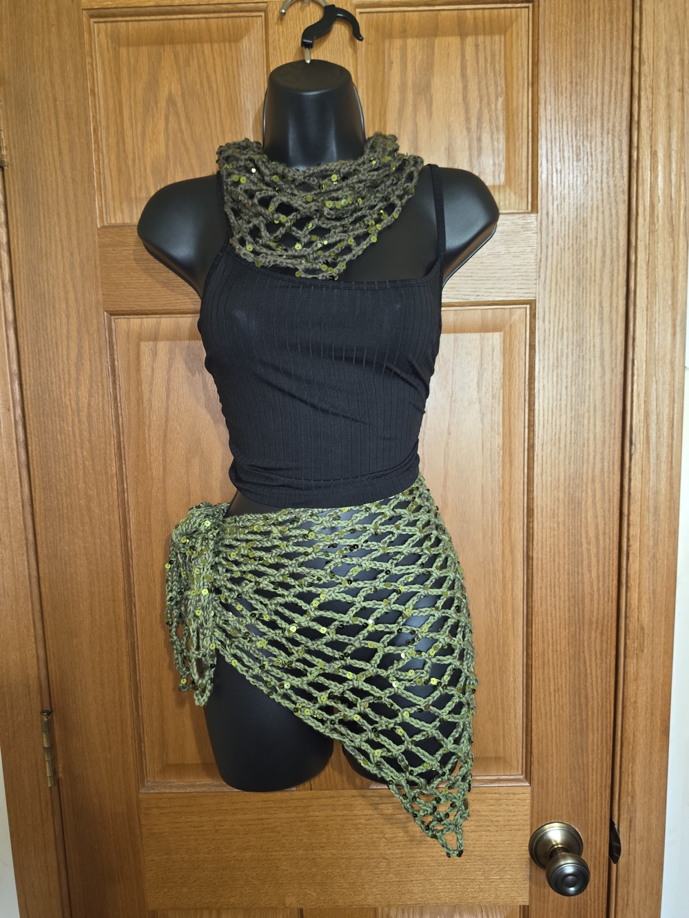 Handmade Olive Green Crochet Sarong With Headscarf, One Size